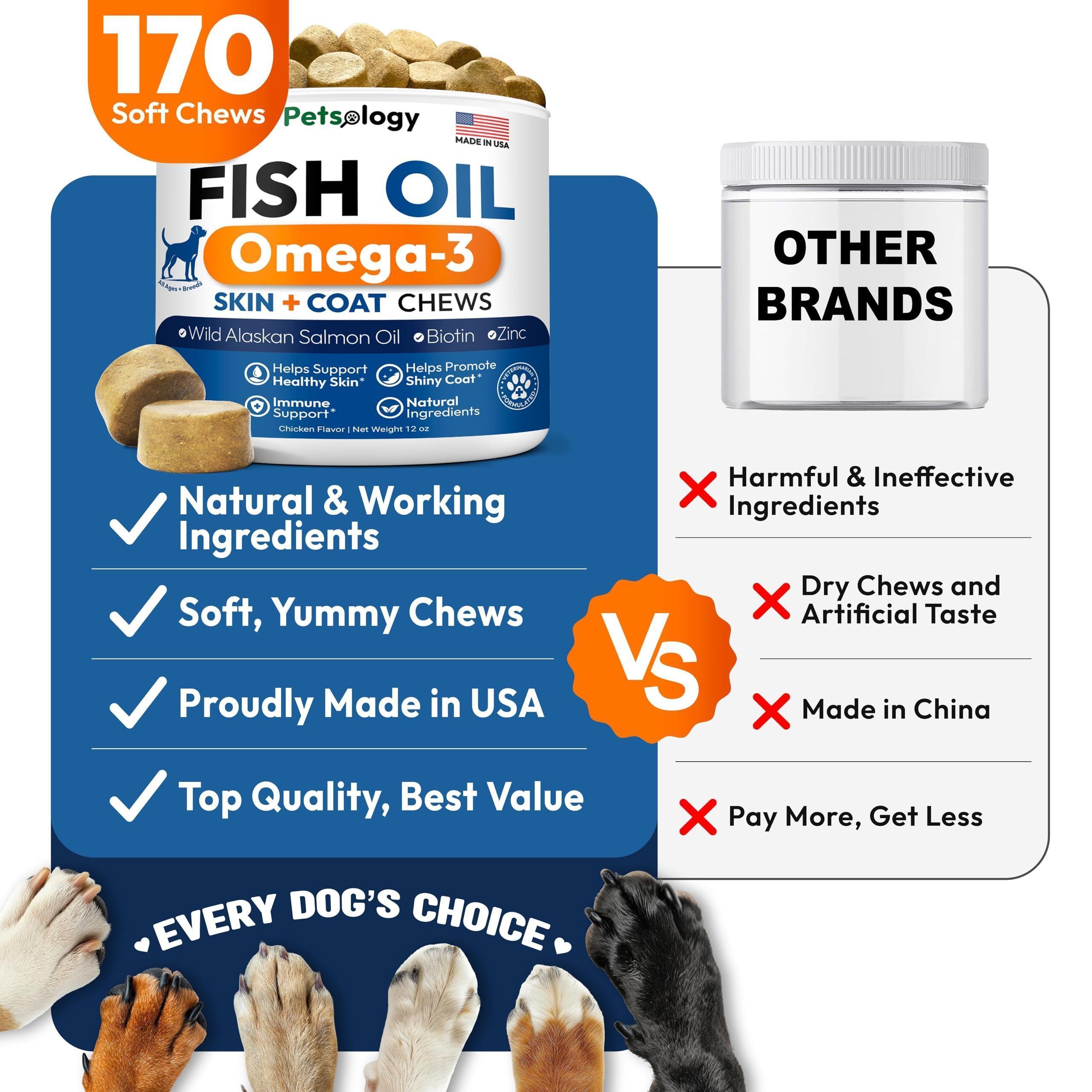Omega 3 Fish Oil for Dogs 170 Chews Dogs Itchy Skin Allergy Relief Skin Coat