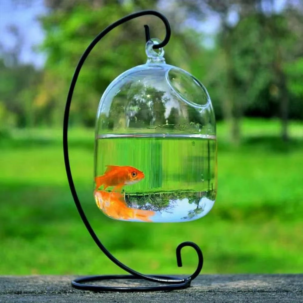 Round/Rectangle Shape Hanging Glass Aquarium Fish Tank Fish Bowl Transparent Vase Ornament with Rack Holder Home Decoration