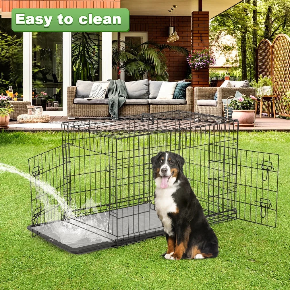 42 Inch Dog Cage for Large Dogs Indoor, Folding Dog Crates and Kennels Double Door, Black Dog Kennels for Large Dogs,Pet Cage with Tray Pan for Dogs