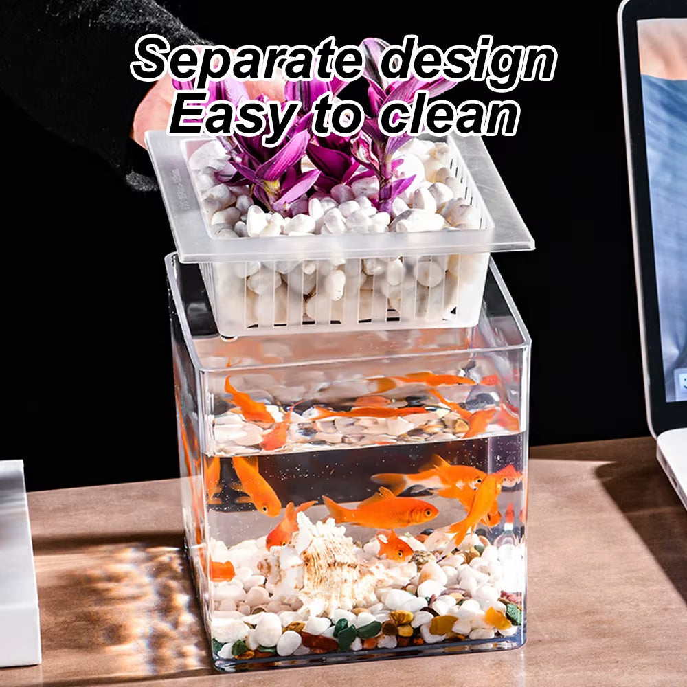 Desktop Aquarium Square Fish Bowl with Plant Holder Mini Eco Fish Tank Table Aquascaping Set for Office Home Decor Hydroponics