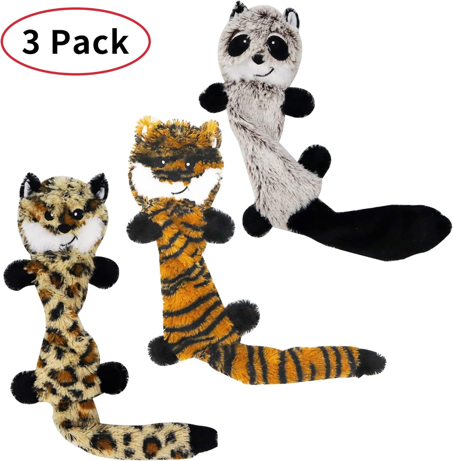 Soft Dog Toy Non-Stuffing Pets Toy Sets - Small Dog Toy Sets 3 Pack 18 Inch - No Stuffing Puppy Teething Toys(Leopard,Tiger,Raccoon 18 Inch)