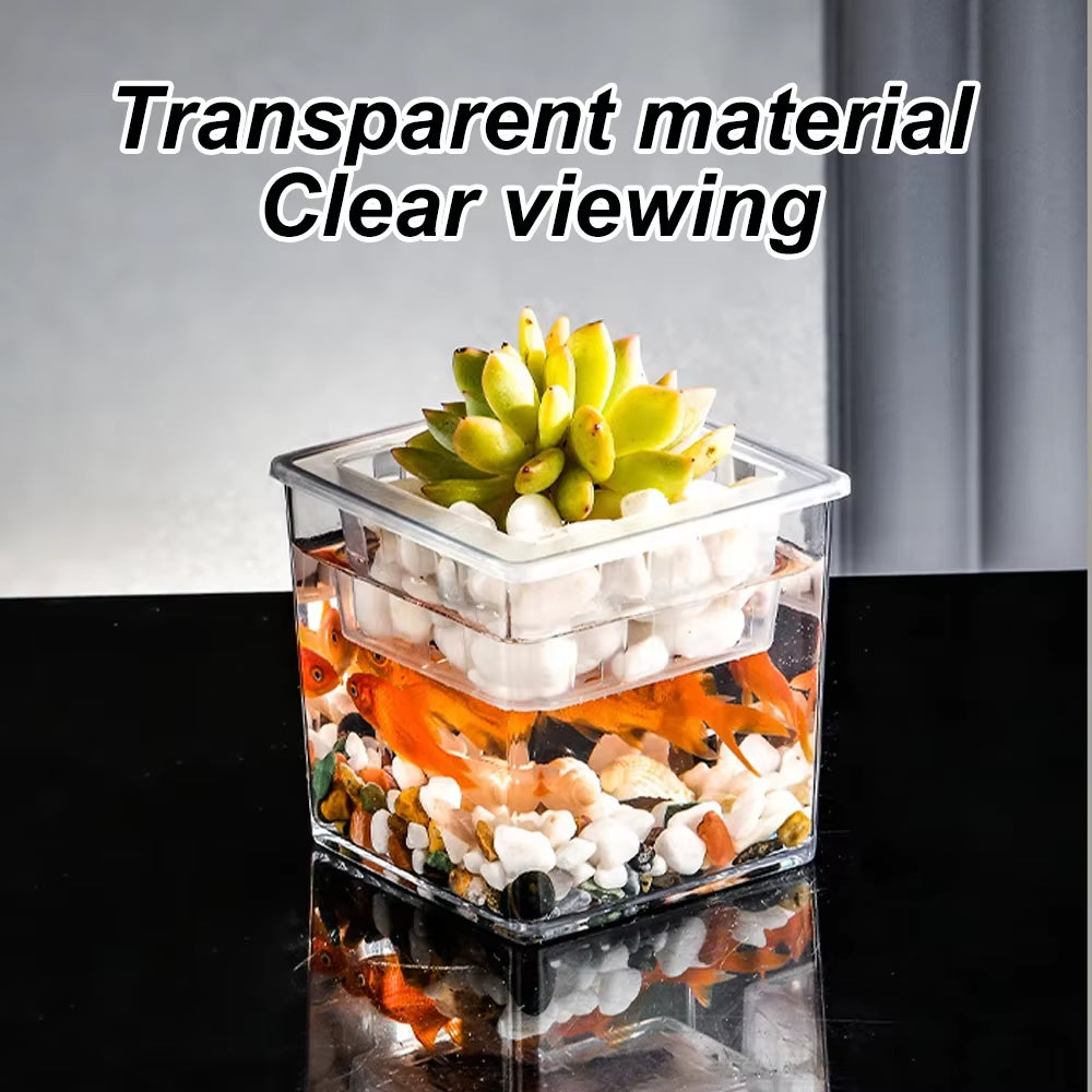 Desktop Aquarium Square Fish Bowl with Plant Holder Mini Eco Fish Tank Table Aquascaping Set for Office Home Decor Hydroponics