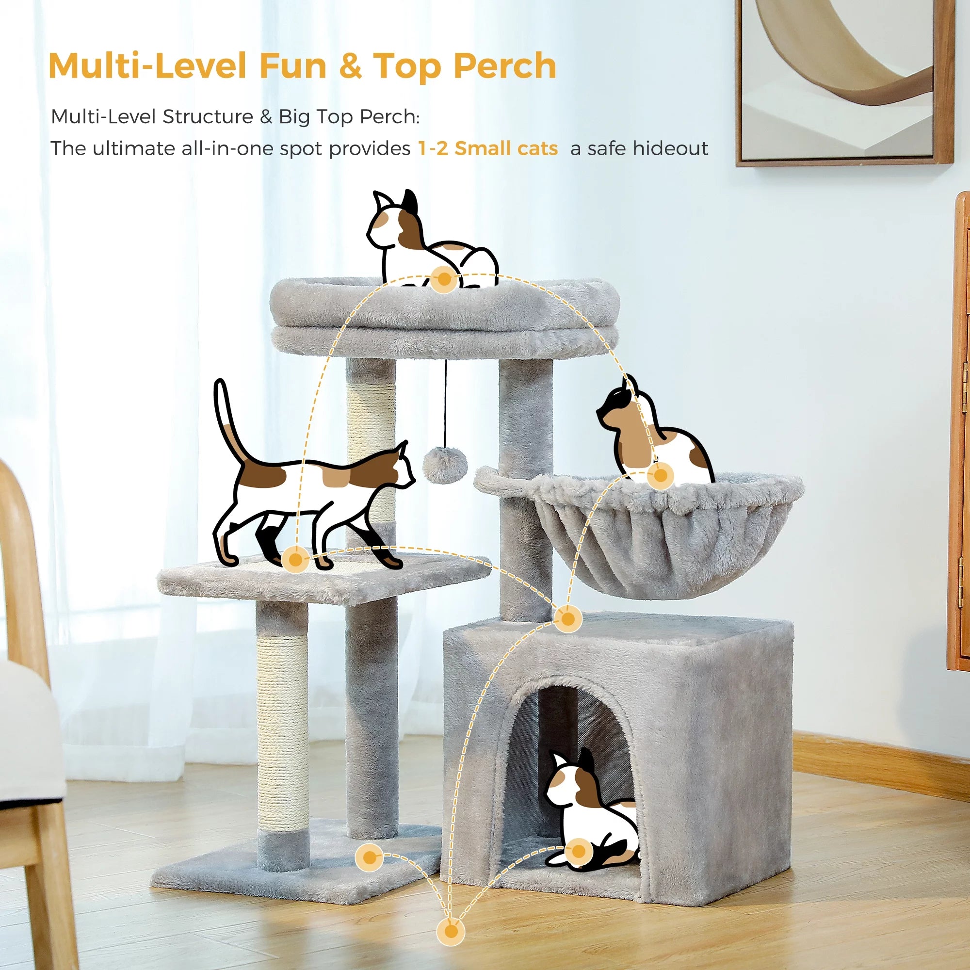 28" Small Cat Tree Tower Cat Condo with Perch Cat Scratching Post for Indoor Cats, Gray
