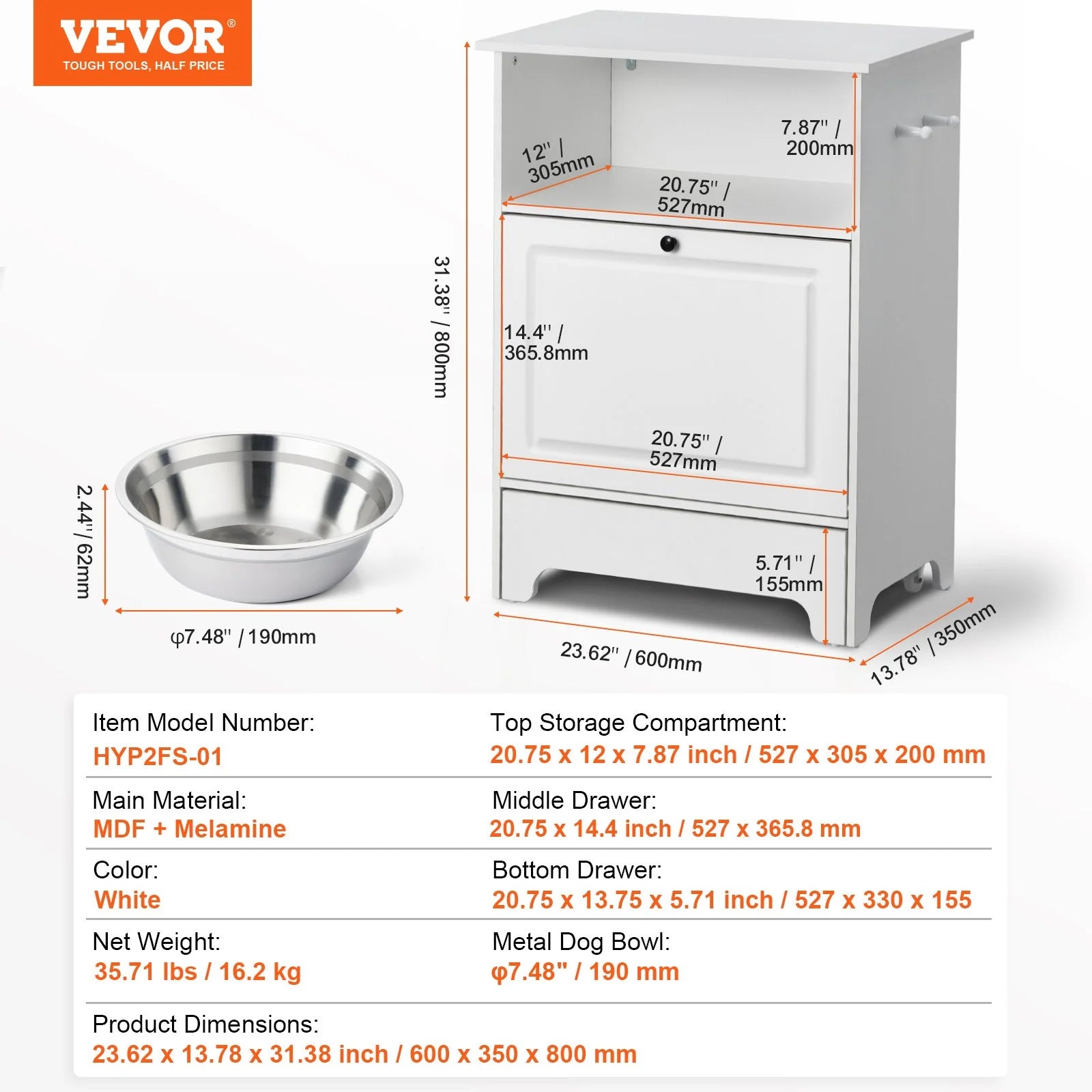 VEVOR Pet Feeding Station W/ 2 Elevated Dog Bowls Dog Food & Toy Storage Cabinet
