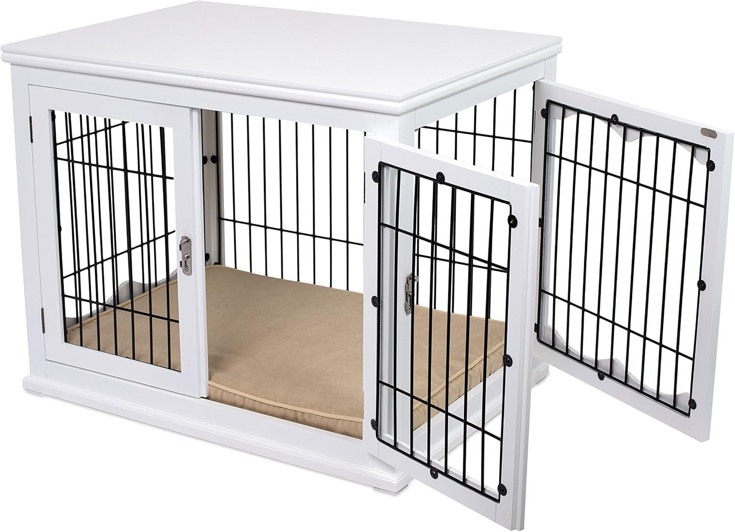 Decorative Dog Kennel with Pet Bed - Small Indoor Pet Crate, Double Door Design, Engineered Wood & Metal Wire, Furniture-Style House for Small Dogs, Side Table or Nightstand, White