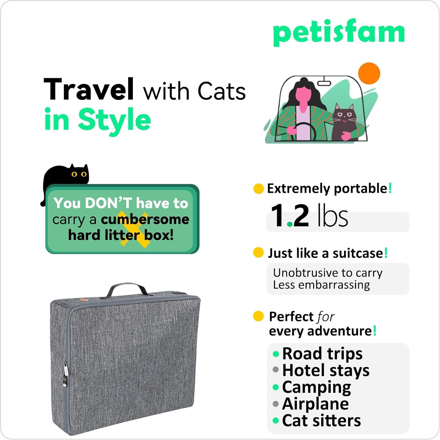 Portable Cat Travel Litter Box. Easy Use in the Car. No Leakage, Smell and Messes. One-Handed Carrying for Road Trip, Hotel Stays, Car and Airplane