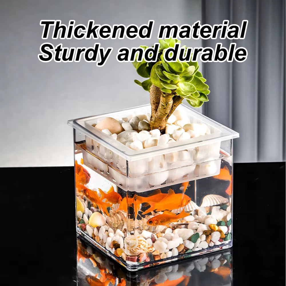 Desktop Aquarium Square Fish Bowl with Plant Holder Mini Eco Fish Tank Table Aquascaping Set for Office Home Decor Hydroponics
