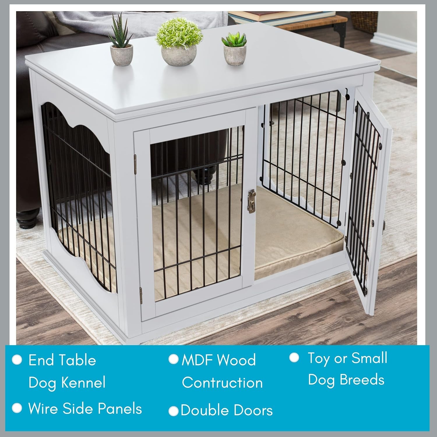 Decorative Dog Kennel with Pet Bed - Small Indoor Pet Crate, Double Door Design, Engineered Wood & Metal Wire, Furniture-Style House for Small Dogs, Side Table or Nightstand, White