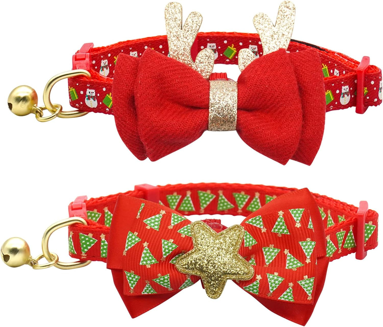 2 Pack Christmas Cat Collar with Bells Christmas Cat Bowtie with Christmas Tree and Santa Claus Pattern Xmas Breakaway Cat Collar Size Adjustable from 8