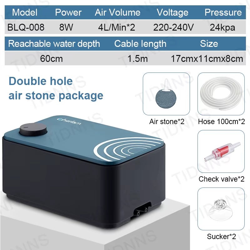 Silent Aquarium Oxygen Air Pump with Check Valve Fish Tank Double Outlet Large Oxygenator Aquarium Air Compressor Aerator 220V8W