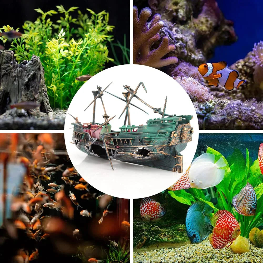 Fishing Boat Aquarium Ornament Plastic Decoration Sunken Pirate Ship Theme