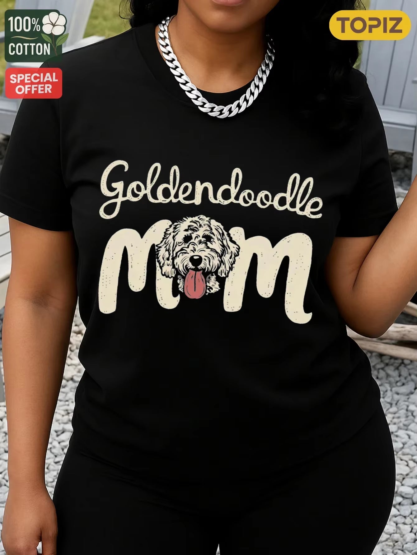 Women'S T-Shirt, Crew Neck Short Sleeve Casual Top, Graphic T-Shirt, Goldendoodle Mom with Dog Face Design, Shirt for Halloween
