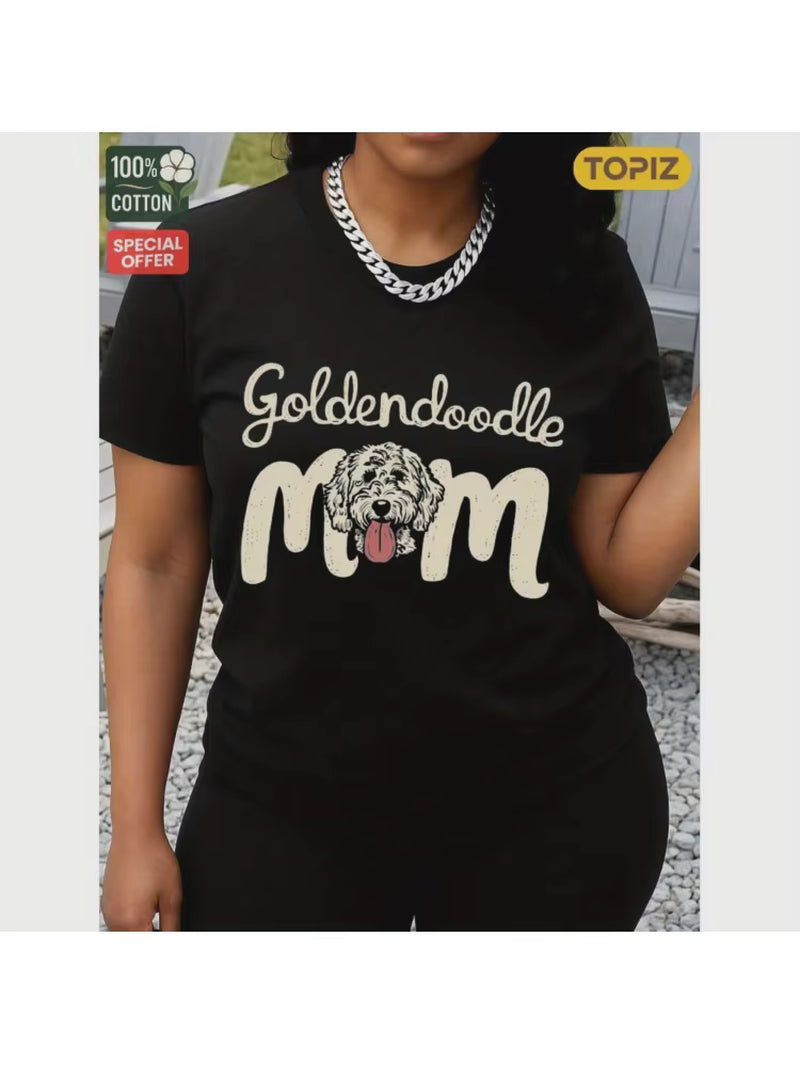 Women'S T-Shirt, Crew Neck Short Sleeve Casual Top, Graphic T-Shirt, Goldendoodle Mom with Dog Face Design, Shirt for Halloween