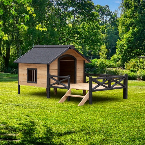 Outdoor Large Cabin Style Wooden Kennel With a Porch, Small, Medium Size Dogs