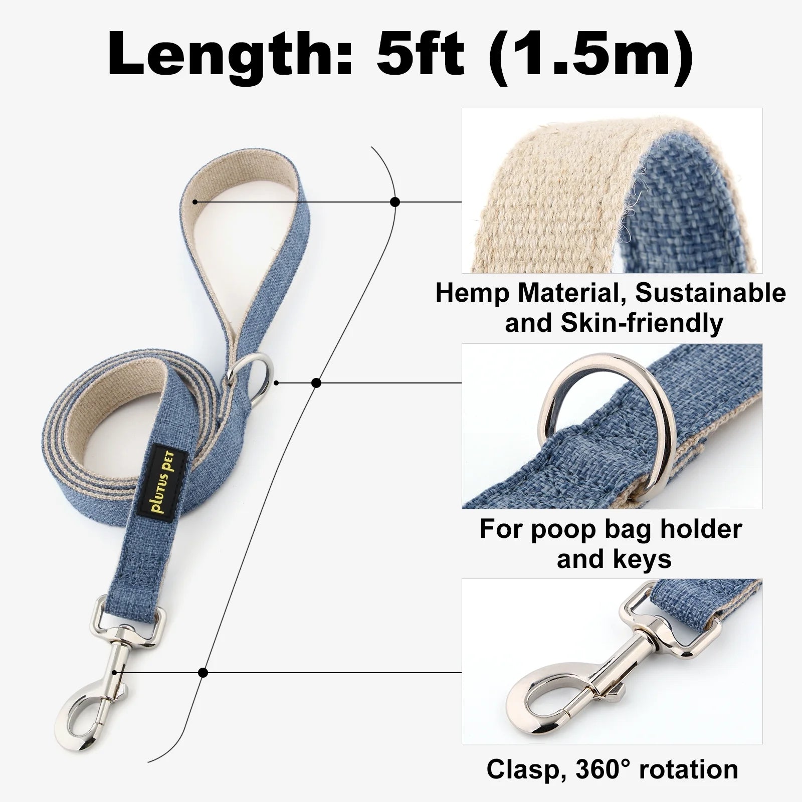 Cotton Hemp Dog Collar and Leash Set, Adjustable Collar for Small, Medium, and Large Dogs, Heavy Duty and Soft on Skin, Haze Blue, S