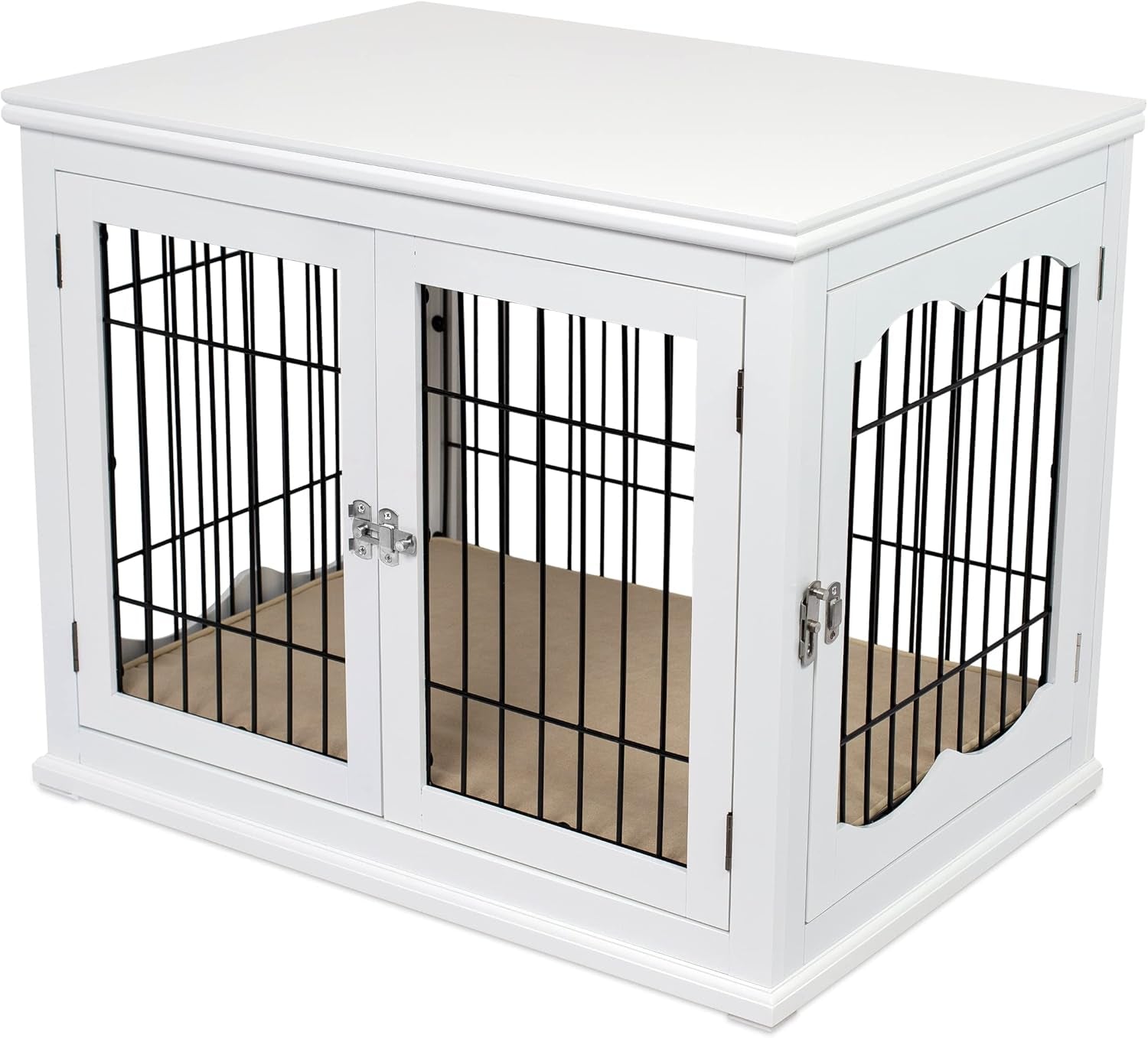 Decorative Dog Kennel with Pet Bed - Small Indoor Pet Crate, Double Door Design, Engineered Wood & Metal Wire, Furniture-Style House for Small Dogs, Side Table or Nightstand, White