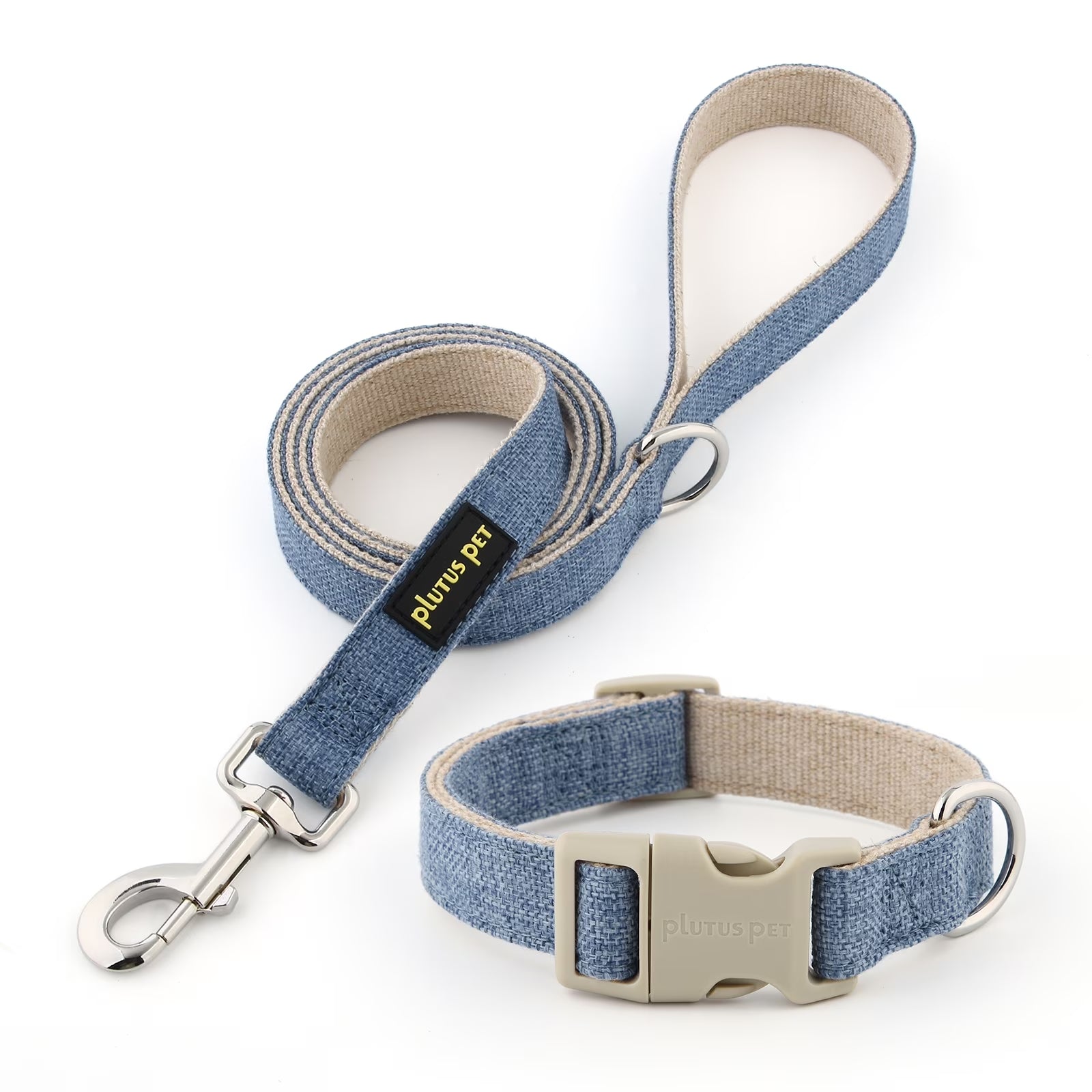Cotton Hemp Dog Collar and Leash Set, Adjustable Collar for Small, Medium, and Large Dogs, Heavy Duty and Soft on Skin, Haze Blue, S