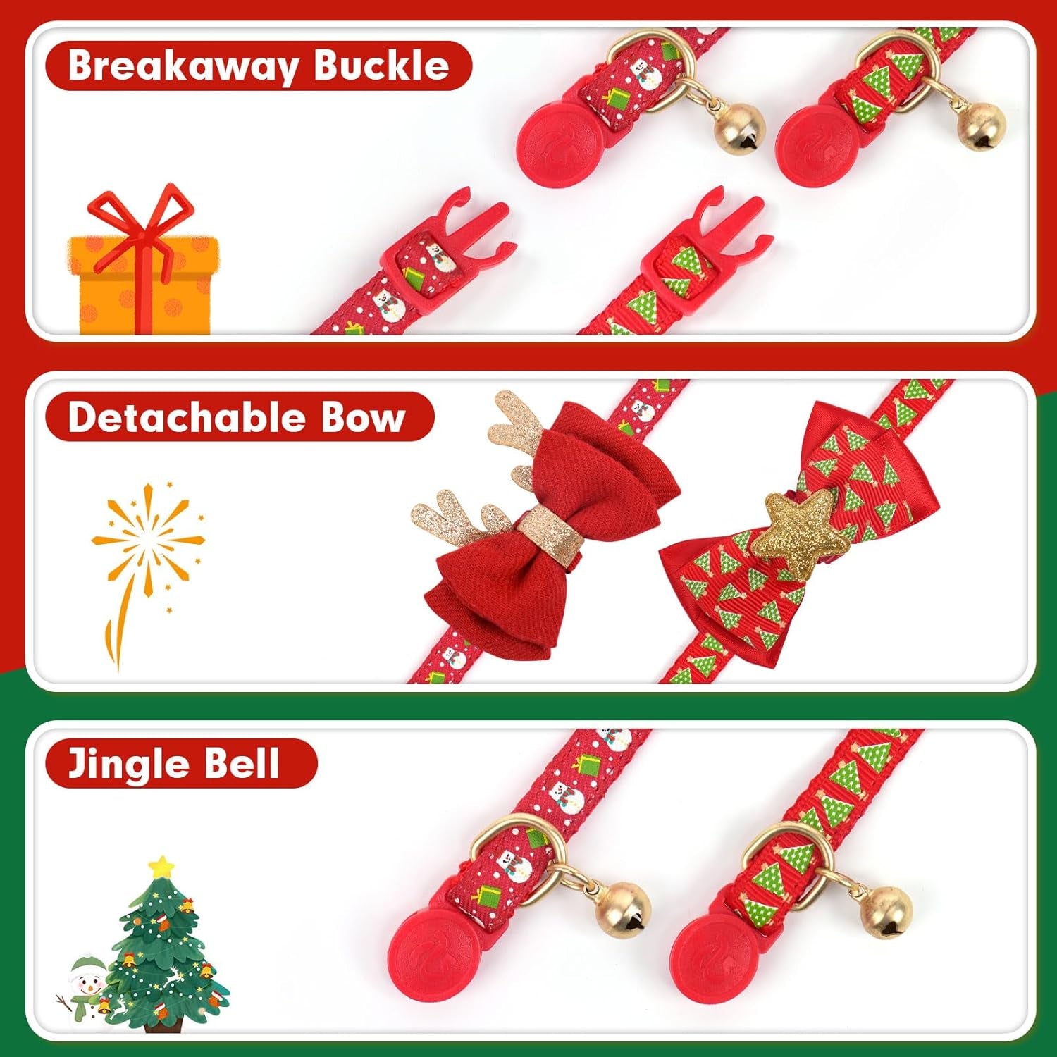 2 Pack Christmas Cat Collar with Bells Christmas Cat Bowtie with Christmas Tree and Santa Claus Pattern Xmas Breakaway Cat Collar Size Adjustable from 8