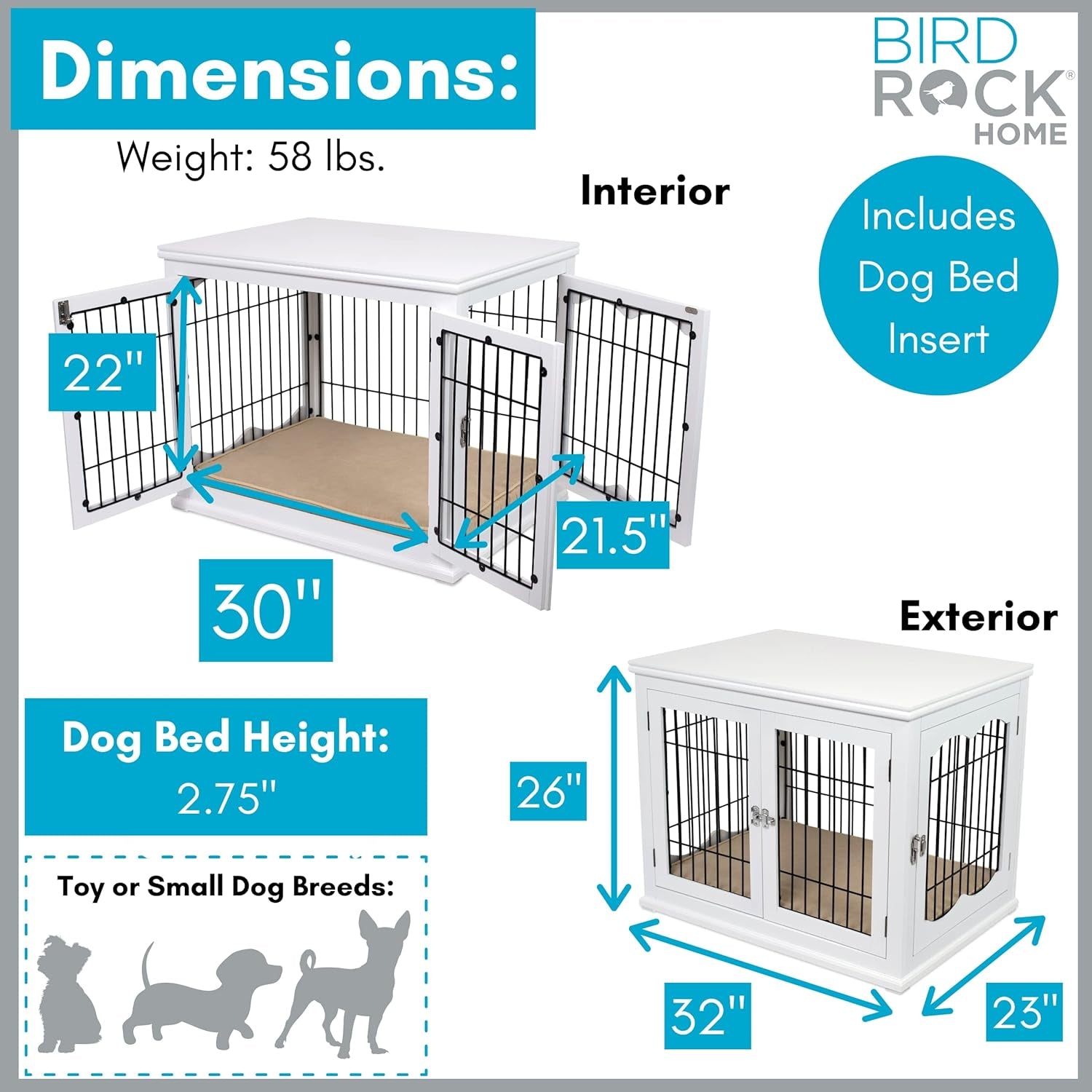 Decorative Dog Kennel with Pet Bed - Small Indoor Pet Crate, Double Door Design, Engineered Wood & Metal Wire, Furniture-Style House for Small Dogs, Side Table or Nightstand, White