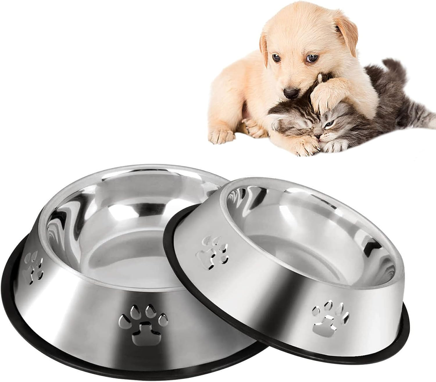 2 Stainless Steel Dog Bowls, Puppy Kitten Feeding Bowls, Shallow Cat Dish with Rubber Base, Mini and Small Pet Feeder Food Water Plate (S-11Oz)
