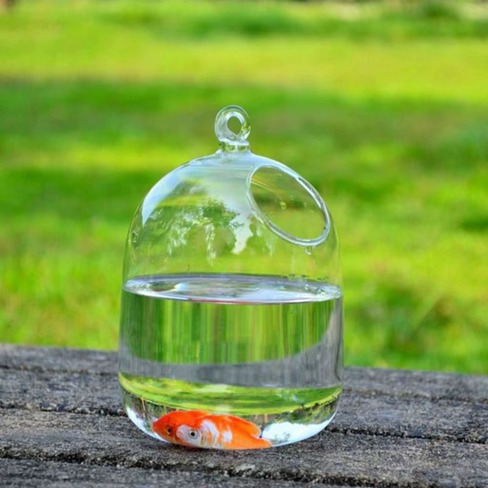 Round/Rectangle Shape Hanging Glass Aquarium Fish Tank Fish Bowl Transparent Vase Ornament with Rack Holder Home Decoration
