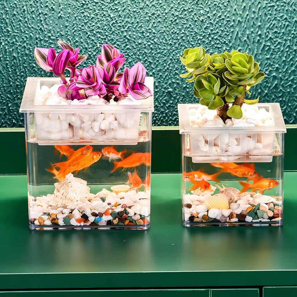 Desktop Aquarium Square Fish Bowl with Plant Holder Mini Eco Fish Tank Table Aquascaping Set for Office Home Decor Hydroponics