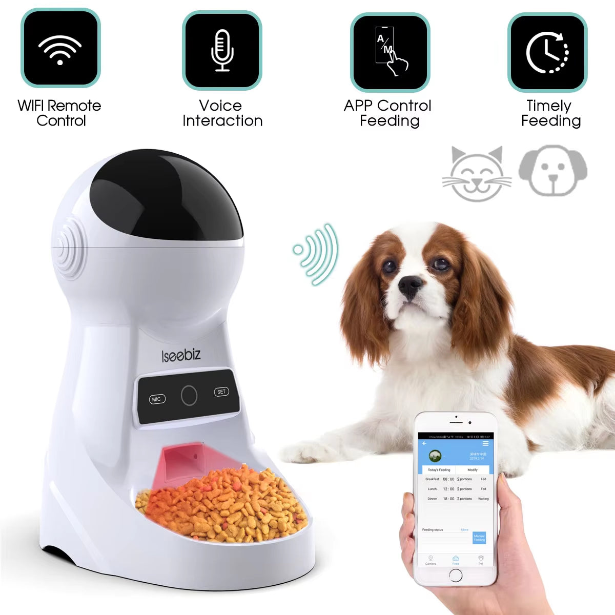 Iseebiz 3L Automatic Pet Feeder with Voice Record Pets Food Bowl for Medium Small Dog Cat LCD Screen Dispensers 4 Times One Day