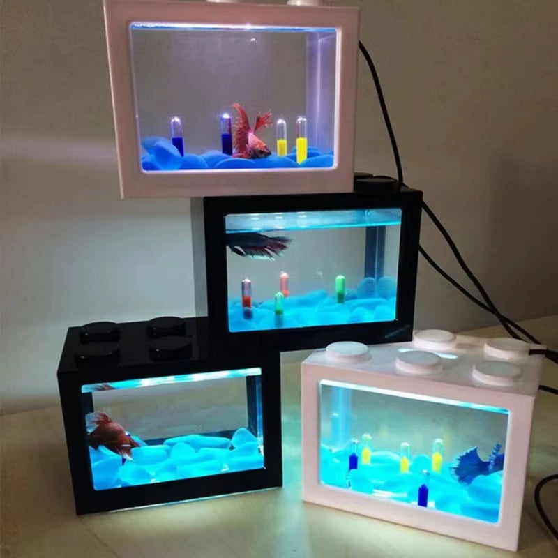 USB Illuminated Small Fish Tank Small Landscape Seaweed Ball Box Mini Aquarium Fish Tank with LED Lamp Light