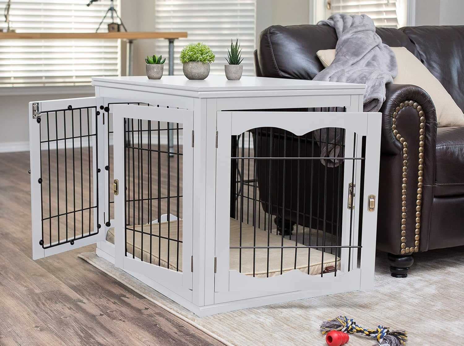 Decorative Dog Kennel with Pet Bed - Small Indoor Pet Crate, Double Door Design, Engineered Wood & Metal Wire, Furniture-Style House for Small Dogs, Side Table or Nightstand, White