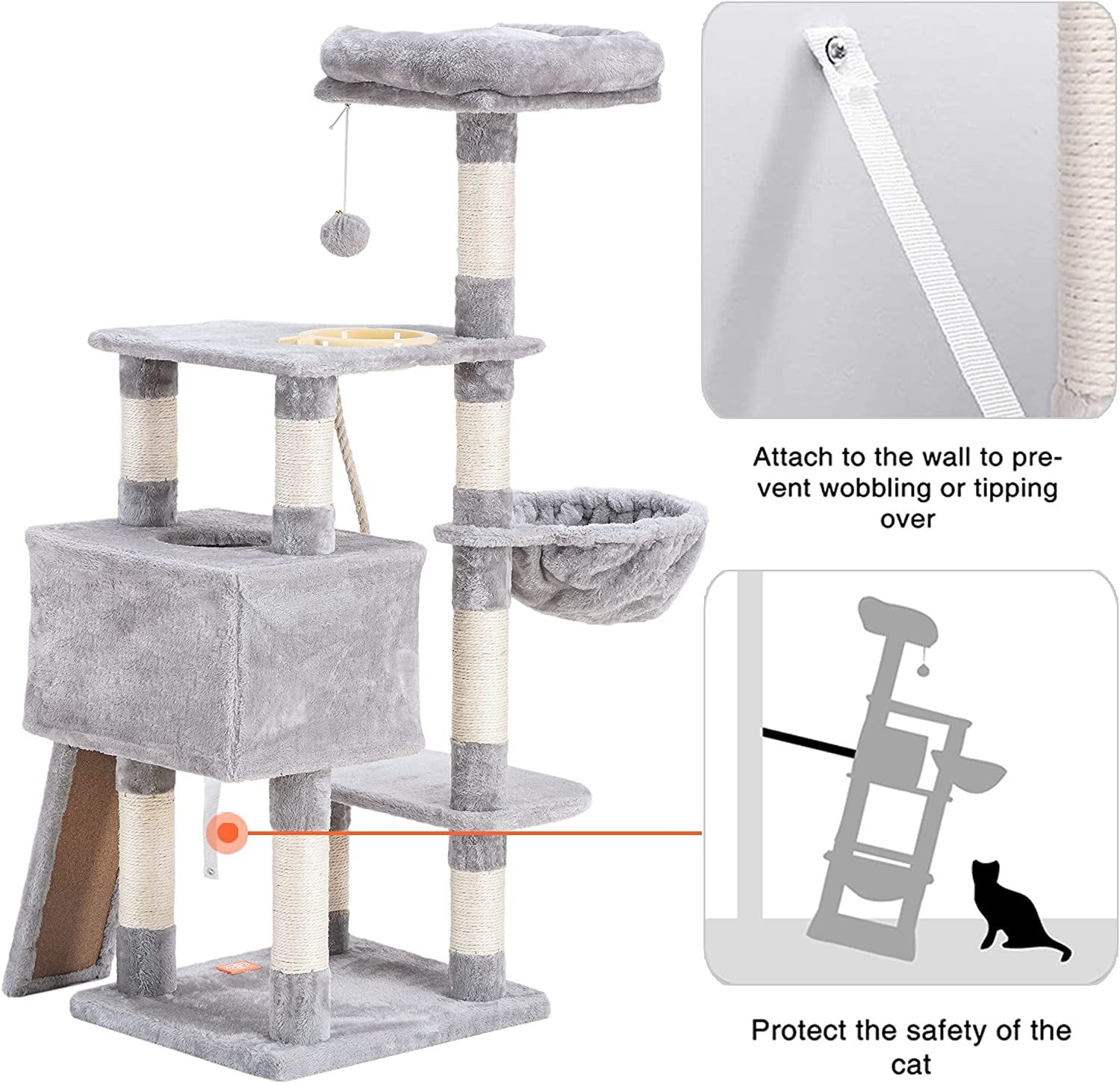 Cat Tree, Cat Tower for Indoor Cats with Scratching Board, Multi-Level Cat Furniture Condo with Feeding Bowl, Light Gray HCT010W