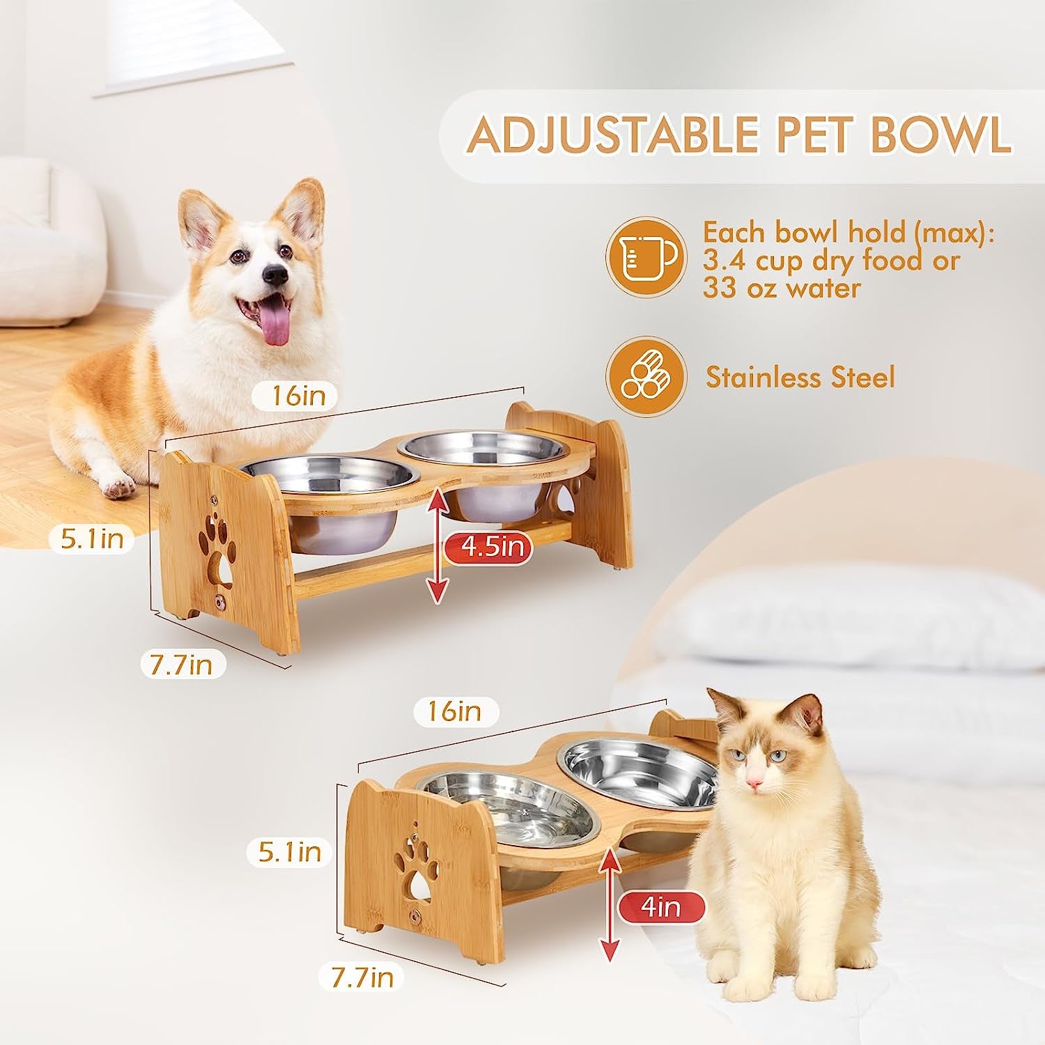 Elevated Dog Bowls for Cats and Dogs, Adjustable Bamboo Raised Dog Bowls for Small Dog, Food and Water Set Stand Feeder with 2 Stainless Steel Bowls and anti Slip Feet (Height 4