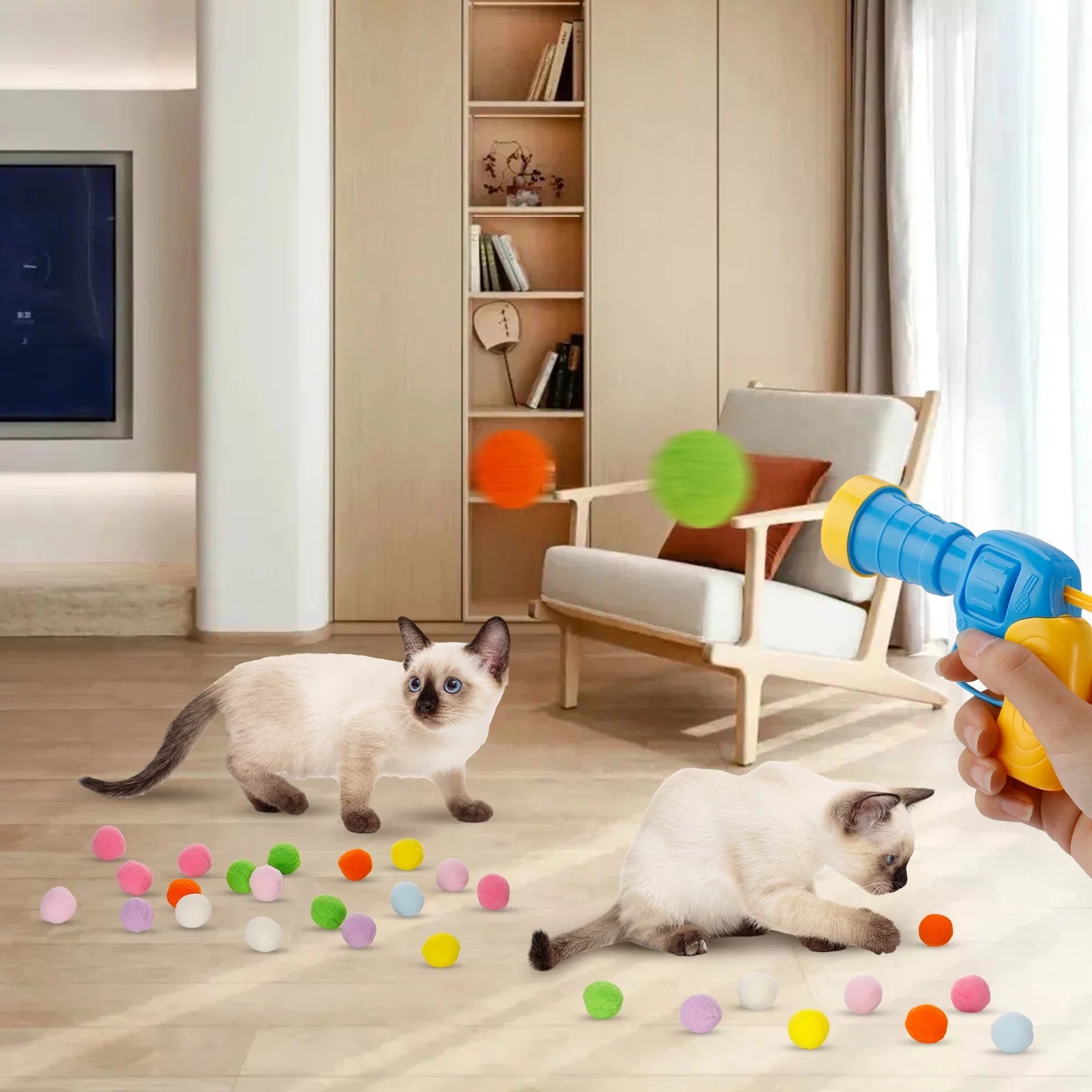 Interactive 100-Piece Cat Toy Ball Set with Launcher & Pinballs, Yellow