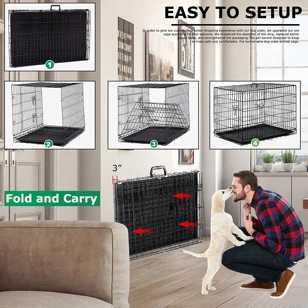 42 Inch Dog Cage for Large Dogs Indoor, Folding Dog Crates and Kennels Double Door, Black Dog Kennels for Large Dogs,Pet Cage with Tray Pan for Dogs