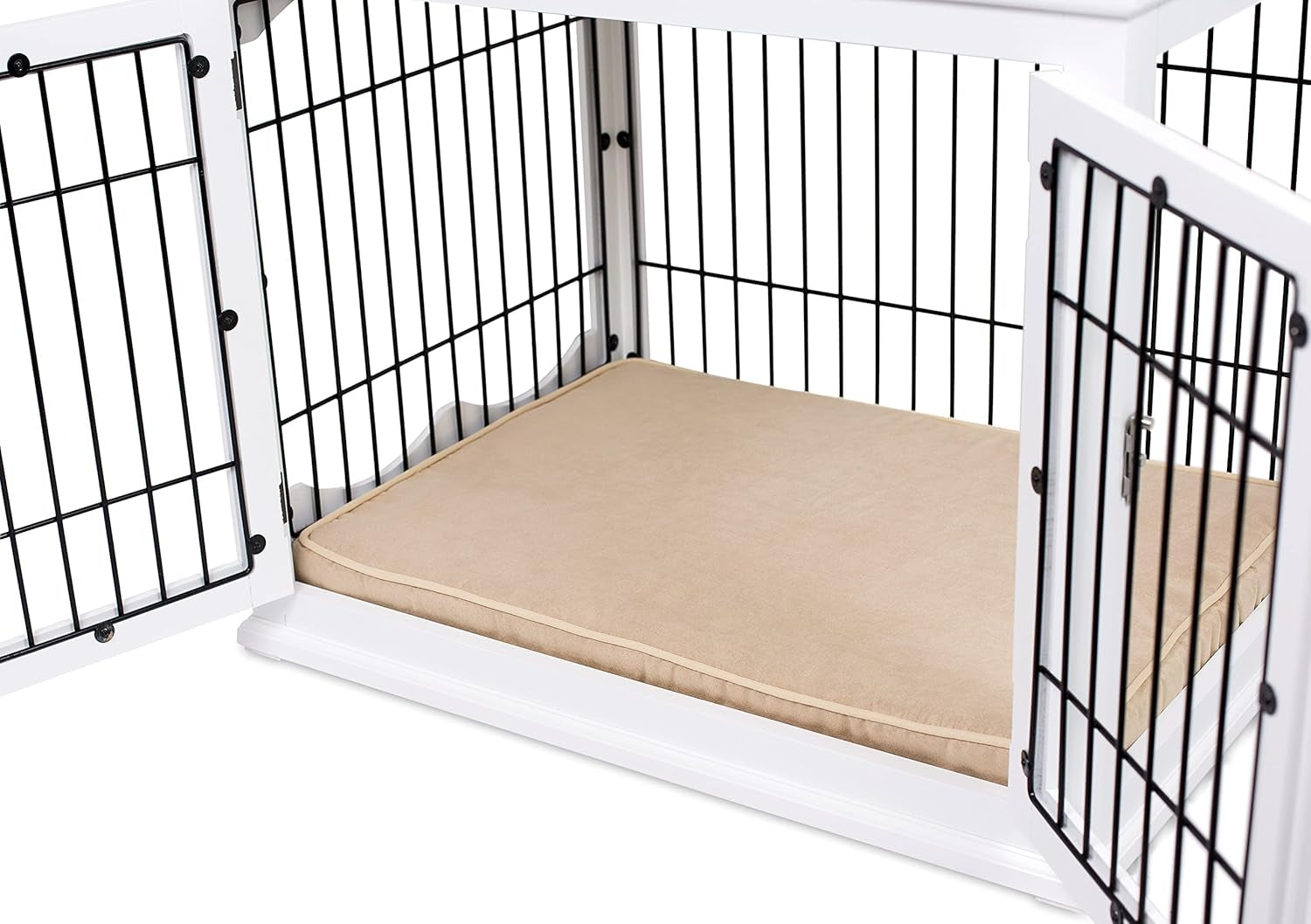 Decorative Dog Kennel with Pet Bed - Small Indoor Pet Crate, Double Door Design, Engineered Wood & Metal Wire, Furniture-Style House for Small Dogs, Side Table or Nightstand, White