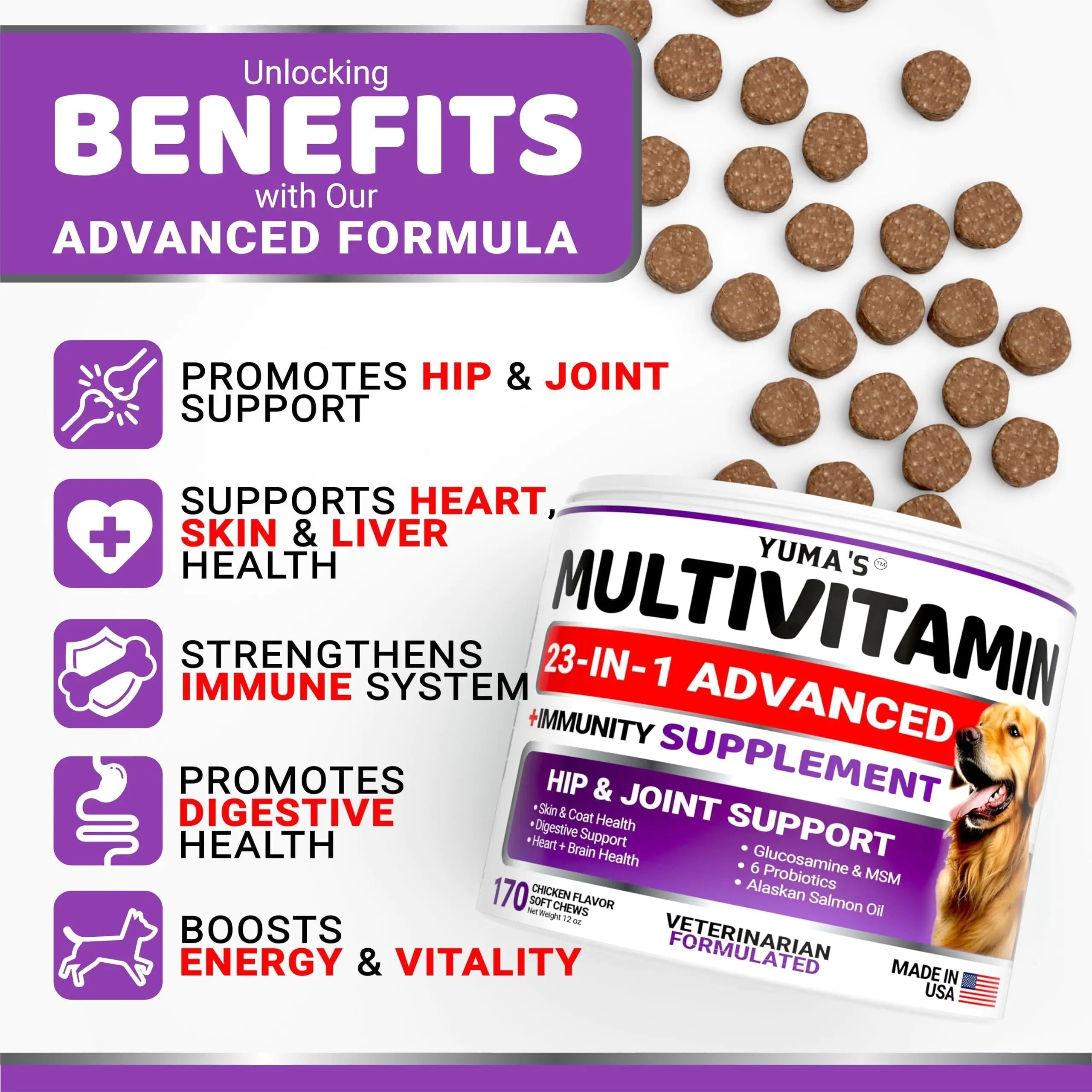 Dog Multivitamin Chewable with Glucosamine Dog Vitamins 170 Treats - Codfish