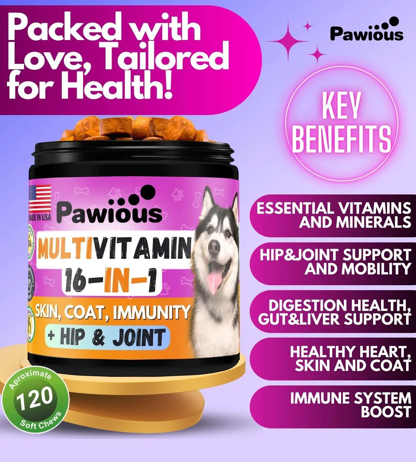 Dog Multivitamin Chewable with Glucosamine, No Soy or Glutten