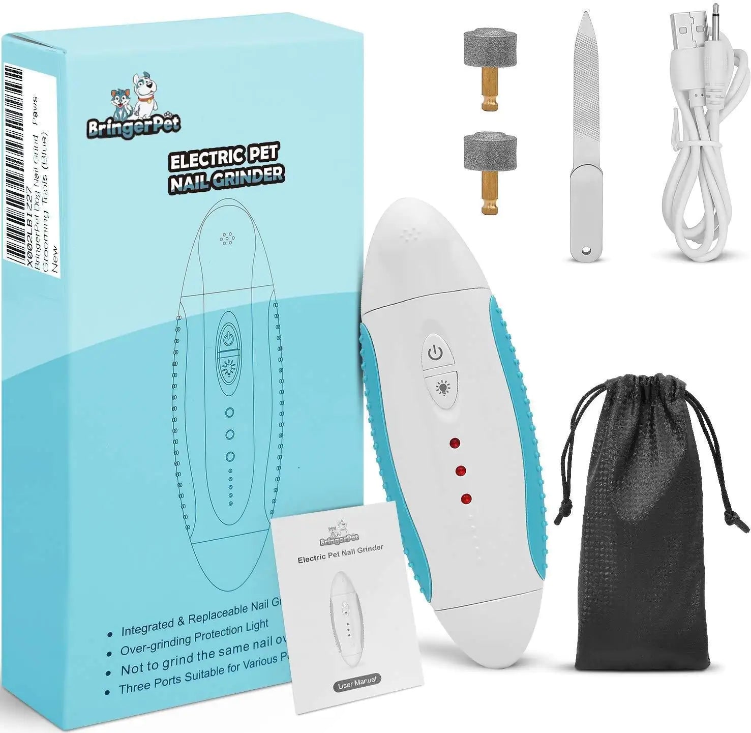 Dog Nail Grinder Blue Low Noise Vibration 3 Speed with USB for All Dog or Cat Sizes