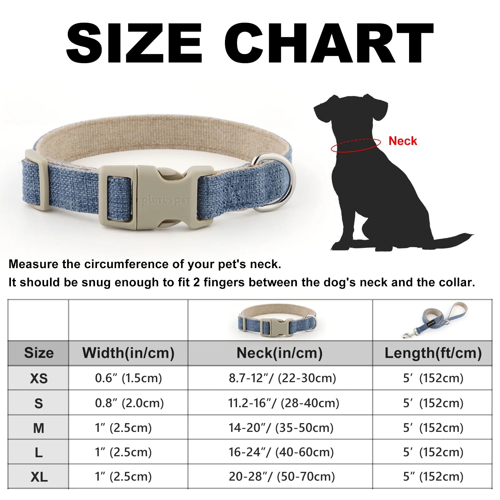 Cotton Hemp Dog Collar and Leash Set, Adjustable Collar for Small, Medium, and Large Dogs, Heavy Duty and Soft on Skin, Haze Blue, S
