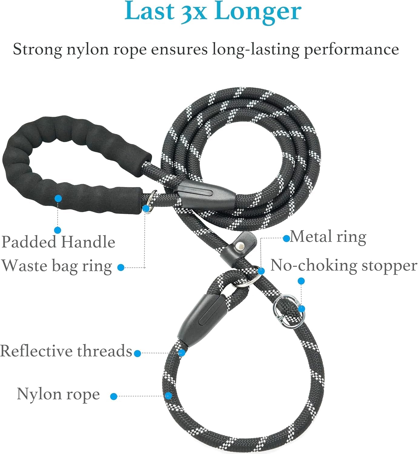 Durable Slip Lead Dog Leash with Padded Handle and Highly Reflective Threads, No Pull Dog Training Leash, (1/2