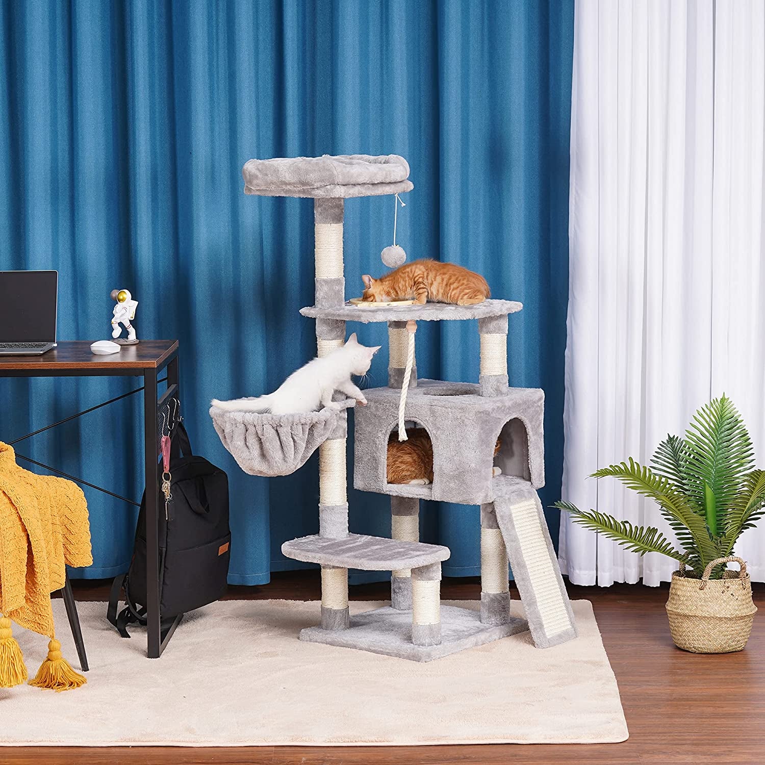 Cat Tree, Cat Tower for Indoor Cats with Scratching Board, Multi-Level Cat Furniture Condo with Feeding Bowl, Light Gray HCT010W