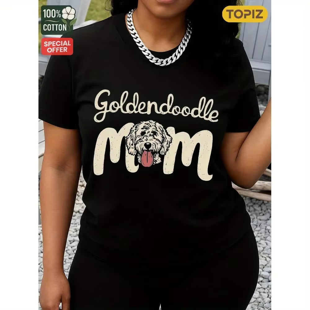 Women'S T-Shirt, Crew Neck Short Sleeve Casual Top, Graphic T-Shirt, Goldendoodle Mom with Dog Face Design, Shirt for Halloween