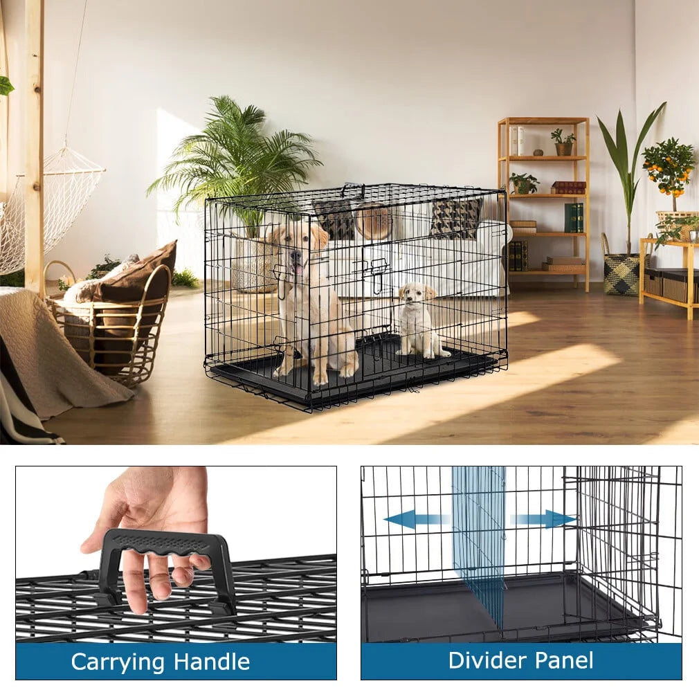 42 Inch Dog Cage for Large Dogs Indoor, Folding Dog Crates and Kennels Double Door, Black Dog Kennels for Large Dogs,Pet Cage with Tray Pan for Dogs