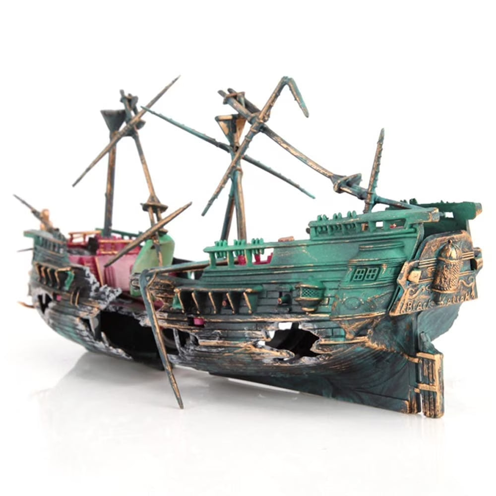 Fishing Boat Aquarium Ornament Plastic Decoration Sunken Pirate Ship Theme