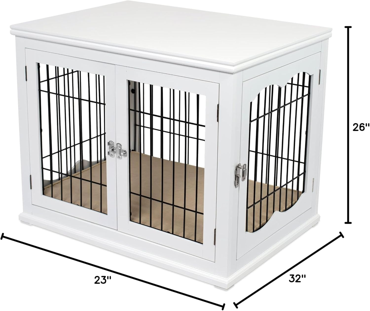 Decorative Dog Kennel with Pet Bed - Small Indoor Pet Crate, Double Door Design, Engineered Wood & Metal Wire, Furniture-Style House for Small Dogs, Side Table or Nightstand, White