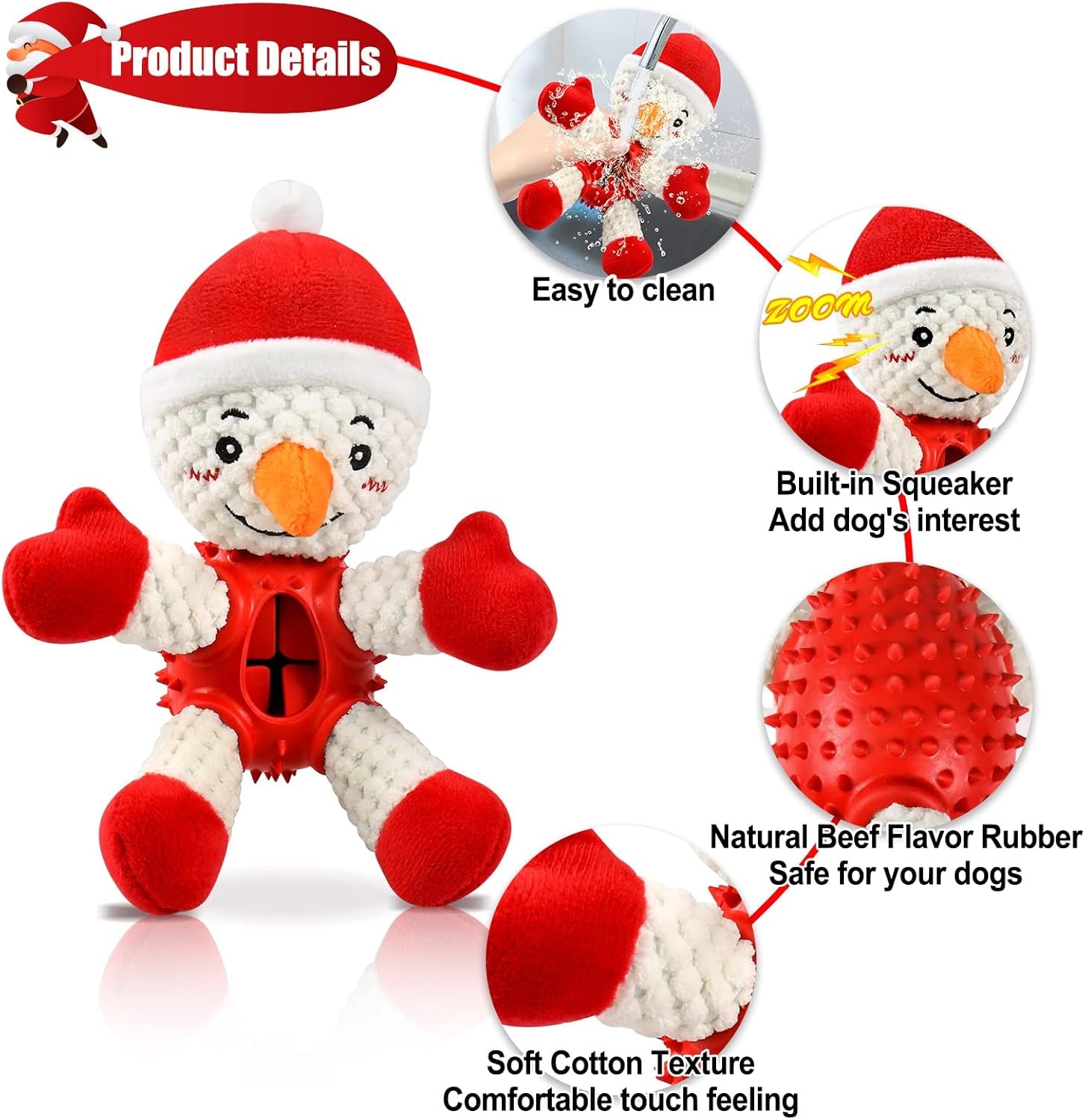 Christmas Squeaky Dog Toys, Durable Rubber Dog Chew Bite Toy Stuffed Dog Toys, Funny Interactive Dog Toys with Crinkle Paper for Puppy Small Medium Pets Dogs (Snowman)