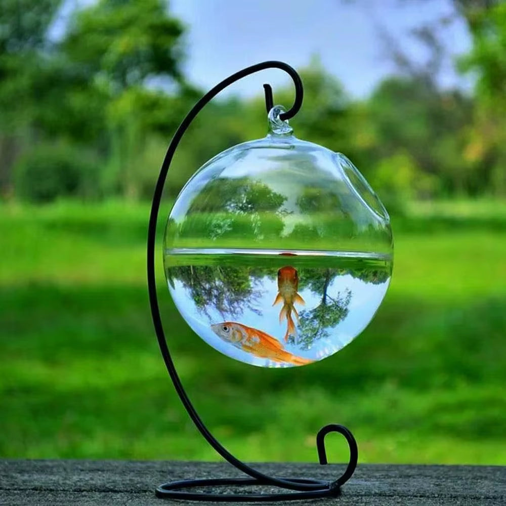 Round/Rectangle Shape Hanging Glass Aquarium Fish Tank Fish Bowl Transparent Vase Ornament with Rack Holder Home Decoration