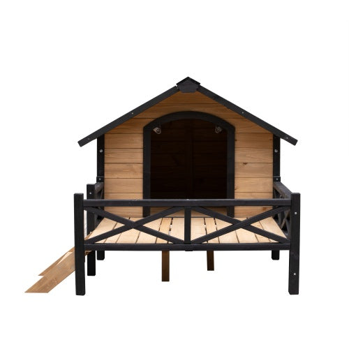 Outdoor Large Cabin Style Wooden Kennel With a Porch, Small, Medium Size Dogs