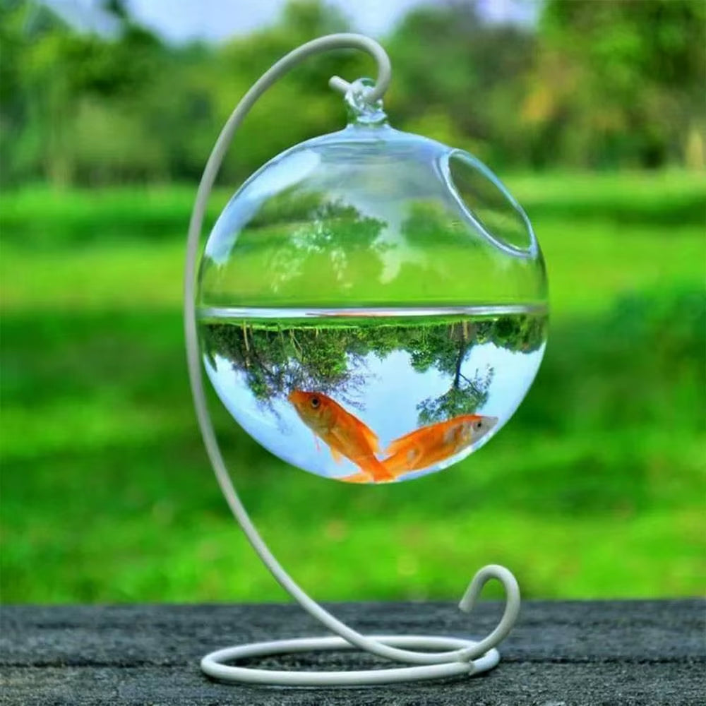 Round/Rectangle Shape Hanging Glass Aquarium Fish Tank Fish Bowl Transparent Vase Ornament with Rack Holder Home Decoration