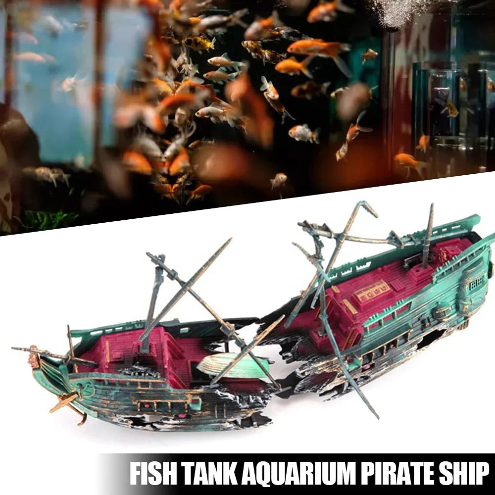 Fishing Boat Aquarium Ornament Plastic Decoration Sunken Pirate Ship Theme