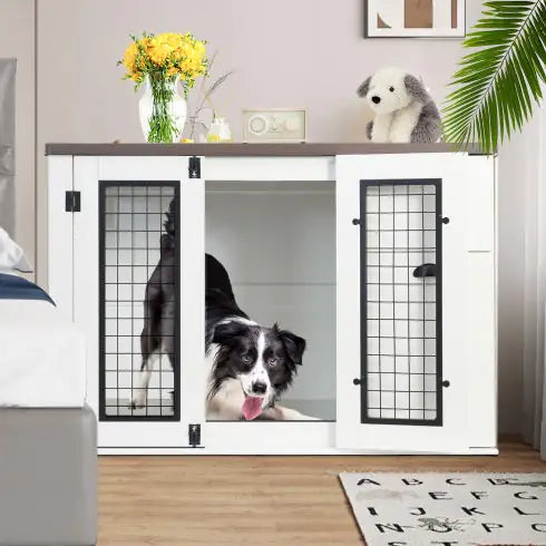 Furniture Style Dog Cage, Wooden Dog Crate, Double Door, Side Cabinet Dog Cage